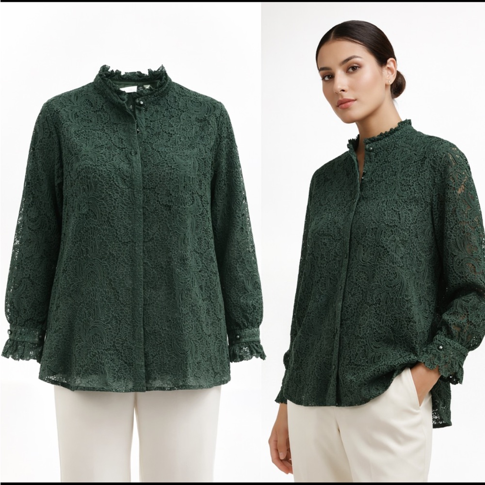 Soft Surroundings Emerald Guipure Lace Blouse Romantic Statement quiet Luxe 2X